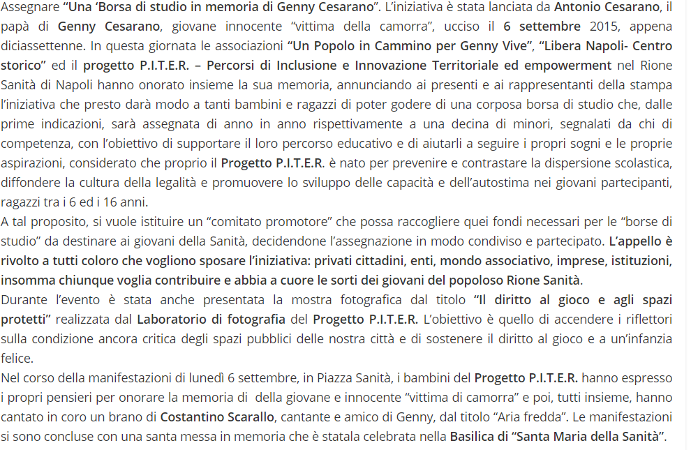 Lanciata iniziativa borsa di studio in memoria di Genny Cesarano- Rione Sanità Napoli